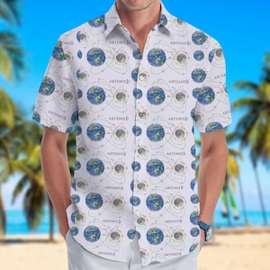 Camiseta con botones de la misión lunar Artemis II, camisa hawaiana del programa espacial de la NASA, regalo de astronomía, camiseta de lanzamiento de cohete, camiseta de exploración espacial