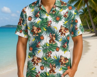 Donkey Kong Hawaiian Shirt, Nintendo Game Button Shirt, Super Mario Tropical Button Shirt, Donkey Kong, Gamer Summer Gift, Nintendo Shirt