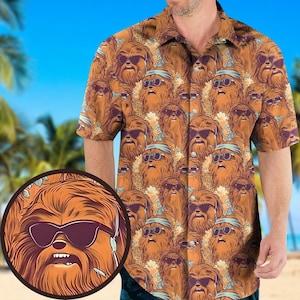 May include: Short-sleeved button-down shirt featuring a repeating pattern of a Wookiee character wearing sunglasses. The shirt is primarily brown with a tropical background. The character's face is also featured in a circular inset.