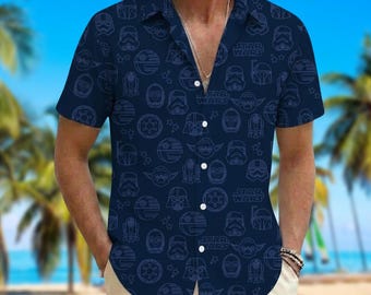 Star Wars Hawaiian Shirt, Yoda Vader R2D2 Summer Button Shirt, Navy Star Wars Tropical Shirt, Star Wars Birthday Gift, Disney Top