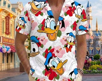 Donald Duck Hawaiian Shirt, Disney Tropical Floral Button Shirt, Donald Duck Beach Shirt, Disneyland Vacation Wear, Summer Aloha Shirt