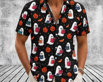 Halloween spookboeklezer button shirt, spookpompoen Hawaï shirt, Trick or Treat shirt, griezelig seizoen cadeau
