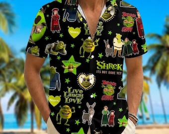 Camiseta engraçada com botões do Shrek, Camiseta com botões da Fiona e do Shrek, Camiseta de férias com memes, Camiseta de verão com tema de desenho animado, Presente para o Dia dos Pais