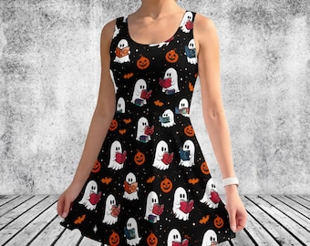 Halloween spookboeklezer skaterjurk, spookpompoen damesjurk, herfstjurk voor haar, griezelig seizoen cadeau