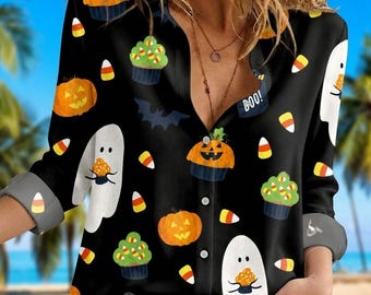 Cute Ghost Pumpkin Blouse Shirt, Halloween Pumpkin Shirt, Fall Casual Shirt, Halloween Shirt, Cute Fall Shirt, Boo Halloween Shirt