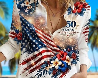 250 Years USA Anniversary Casual Shirt, Patriotic Tropical Floral Blouse Shirt, 1776-2026 American Flag Top, 4th of July Patriotic Gift
