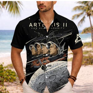 May include: Black short-sleeve button-down shirt featuring a space-themed graphic. The design includes astronauts, a moon, and the text "ARTEMIS II FOR ALL HUMANITY." The shirt has a classic collar and a relaxed fit.