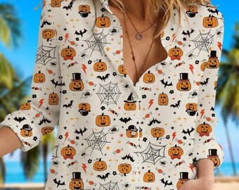 Halloween Spider Blouse Shirt, Spooky Pumpkin Women Shirt, Witchy Spider Casual Shirt, Fall Button Shirt, Gift For Her