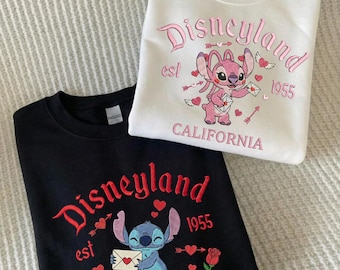 Embroidered Stitch and Angel Valentine Sweatshirt, Disney Couple Hoodie, Cute Disneyland Love Embroidery Gift
