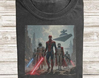 Spiderman Star Wars Lightsaber Comfort Colors Shirt, Spider Man Superhero Graphic Tee, Stormtrooper Unisex Shirt, Star War Movie Fan