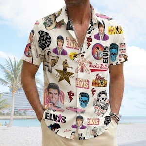 Vintage Elvis Presley Hawaiian Shirt, Rock n Roll Collage Aloha Shirt, Elvis Portrait Button Shirt, Retro Music Fan Gift, Summer King Shirt