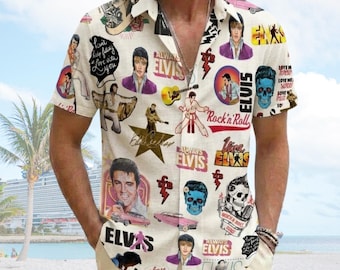 Vintage Elvis Presley Hawaiian Shirt, Rock n Roll Collage Aloha Shirt, Elvis Portrait Button Shirt, Retro Music Fan Gift, Summer King Shirt