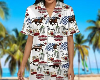 Horse Racing Lover Pjs, Kentucky Race Weekend Pajamas, Run For the Roses Kentucky Derby Race Satin Pajamas, Churchill Downs Racing Sleepwear
