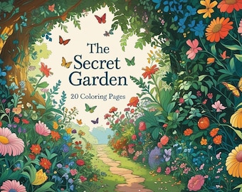 May include: A vibrant illustration of a secret garden, filled with colorful flowers, butterflies, and lush greenery. The text "The Secret Garden" and "20 Coloring Pages" are displayed. A path leads into the garden, inviting exploration.