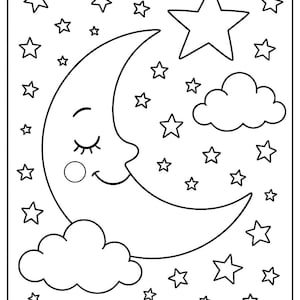 Può includere: Illustrazione in bianco e nero di una luna crescente sorridente con occhi chiusi e un piccolo cerchio. Intorno alla luna ci sono varie stelle e due nuvole soffici, tutte delineate in nero.