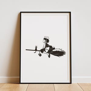 Kiki&#39;s bezorgservice illustratie kunstprint, Studio Ghibli fanart, minimalistische anime woondecoratie, manga houten ingelijste poster