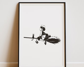 Kiki&#39;s Delivery Service Illustration Art Print, Studio Ghibli Fanart, Minimalistic Anime Home Decor,  Manga Wooden Framed Poster