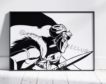 Princess Monoke Inspired Silhouette Illustration, Studio Ghibli Themed Fanart Print,  Anime Home Decor, Japanese Horizontal Fine Art Poster