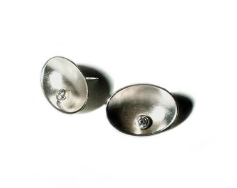 Sterling Silver Cupped Oval Post Earrings with Cubic Zirconia