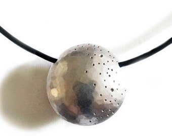 Sterling Speckled Hollow Bead on Black Leather