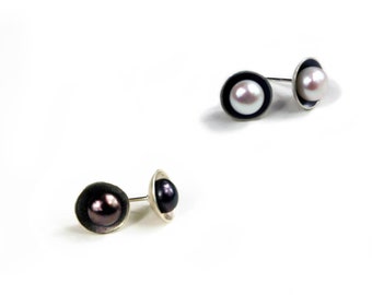 Sterling Silver Cup Post Earrings with Peacock or White Pearls in Two Finishes