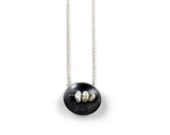 Sterling Silver Cupped Pendant with Dark Ptina and Keshi Pearls Adjustable Length