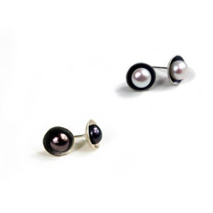 Sterling Silver Cup Post Earrings with Peacock or White Pearls in Two Finishes image 1