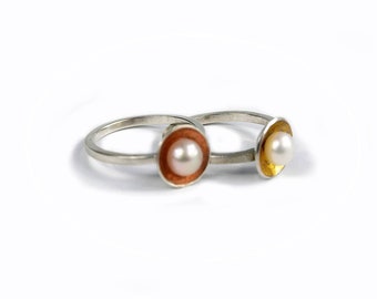 Sterling Silver "Cup" Rings with Gold or Copper Leaf and White Pearl