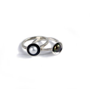 Sterling Silver Cup Rings with Peacock or White Pearls in Two Finishes