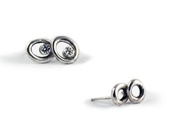 Sterling Silver Small Organic Circles Studs Plain or with Cubic Zirconia