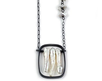 Sterling Silver Rectangle Pendant Necklace with a Dark Patina and Stick pearls Pearls with Keshi Pearl Details