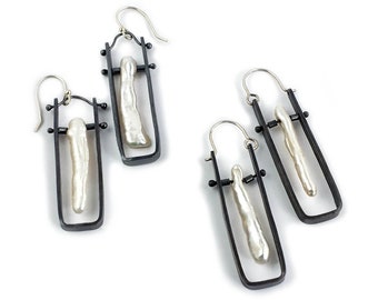Sterling Silver Rectangular Earrings a with Dark Finish and White Stick Pearls in Two Styles