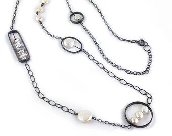 Sterling Silver Long Stantioned Necklace with aDark Patina and Various White Pearls