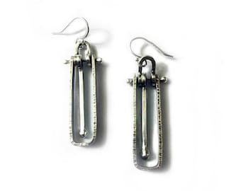 Sterling Silver Rectangular Fabricated Earrings with Movable “Pendulums”