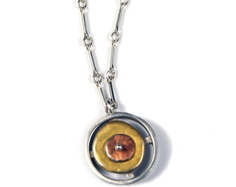 Tri Color Sterling Silver Double Circle Pendant Necklace