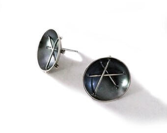 Dark Finish Sterling "Cup" Post Earrings with Wire "stitches"