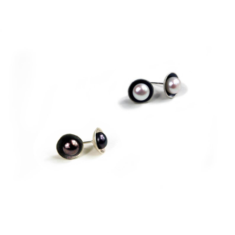 Sterling Silver Cup Post Earrings with Peacock or White Pearls in Two Finishes image 1