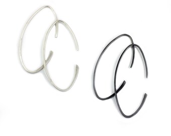 Sterling Silver Navette Shaped Hoops in Light Silver or Dark Patina