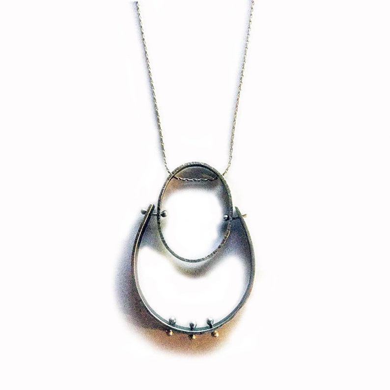 Sterling Silver Oval Fabricated Hinged Pendant with Heat Rivet Details on Sterling Beading Chain image 1