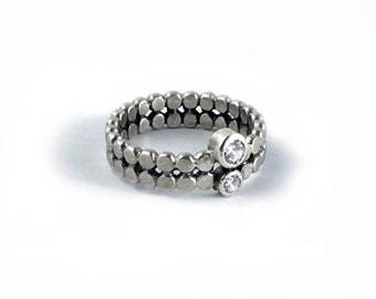 Sterling Silver Double Row of Dots Ring with Two Tube Set Cubic Zirconias