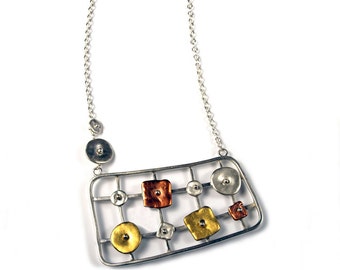 Sterling Silver Rectangular Pendant Necklace with Copper and Gold Leaf