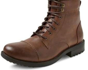 Handmade Men's Brown Leather Combat Boots | Cap Toe Ankle Boots