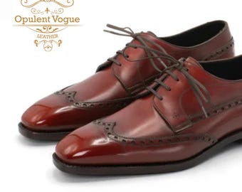 Handmade Brown Leather Wingtip Brogue Derby Dress Shoes