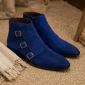 Blue Suede Leather Shoes Triple Monk Strap Luxury Ankle Dress Boots Custom shoes for men image 14