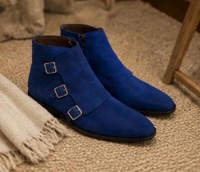 Blue Suede Leather Shoes Triple Monk Strap Luxury Ankle Dress Boots Custom shoes for men image 14