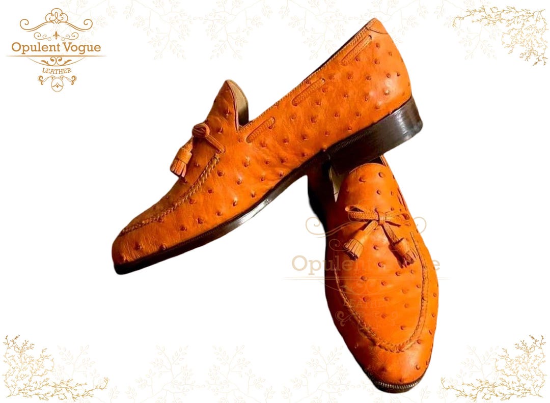Handmade Tan Ostrich Leather Loafers: Men display picture 1