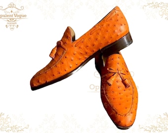 Handmade Tan Ostrich Leather Loafers: Men's Tassel Slip-Ons