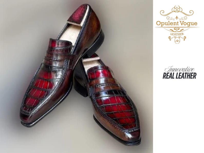 Handmade men’s burgundy moccasin shoes with shaded alligator-textured leather finish. Featuring a polished slip-on design, cushioned insole, smooth lining, and durable outsole. Luxury handmade leather business shoes perfect for weddings, office wear, parties, and formal occasions. handmade moccasins, burgundy alligator shoes, mens slip on dress shoes, embossed leather moccasins, genuine leather shoes, office wear shoes, wedding