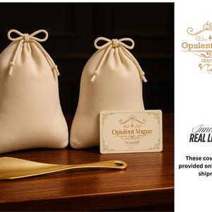 Puede incluir: Dos bolsas beige con cord&oacute;n y un calzador dorado descansan sobre una superficie de madera oscura. Tambi&eacute;n hay una tarjeta con el texto "Opulent Vogue Leather". El texto "Innovative Real Leather" tambi&eacute;n est&aacute; presente.