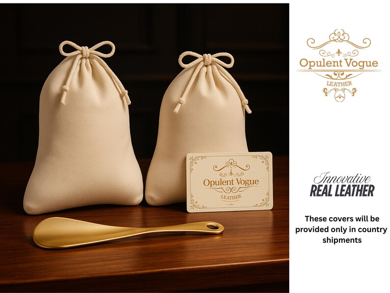 Puede incluir: Dos bolsas beige con cord&oacute;n y un calzador dorado descansan sobre una superficie de madera oscura. Tambi&eacute;n hay una tarjeta con el texto "Opulent Vogue Leather". El texto "Innovative Real Leather" tambi&eacute;n est&aacute; presente.
